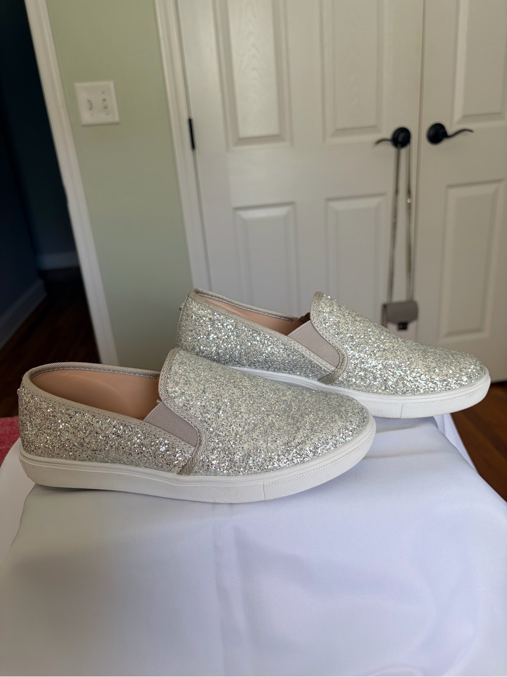 Women's Silver Glitter Slip-On Sneakers